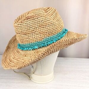 WALLAROO Tahiti Cowboy Womens Hat (M) Straw Turquoise Boho Summer Beach Festival